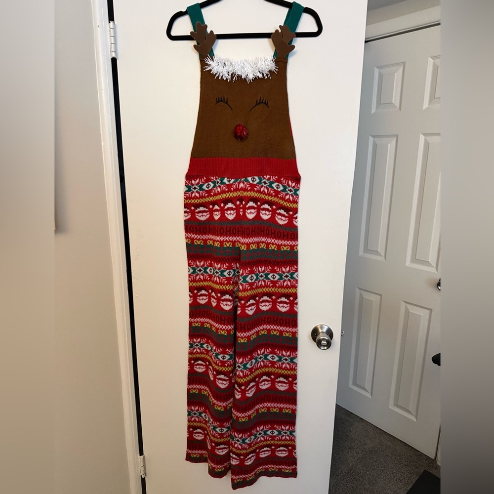 NWT Brown Knit Holiday Sweater Jumpsuit with Reindeer Accent